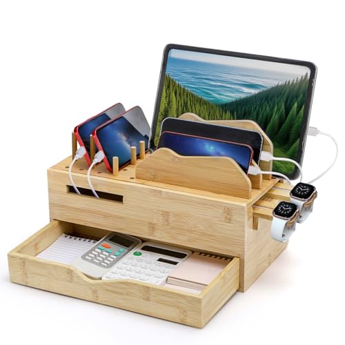 Yopay Family Charging Station with Drawer, Bamboo Charging Station for Multiple Devices, Cell Phone...
