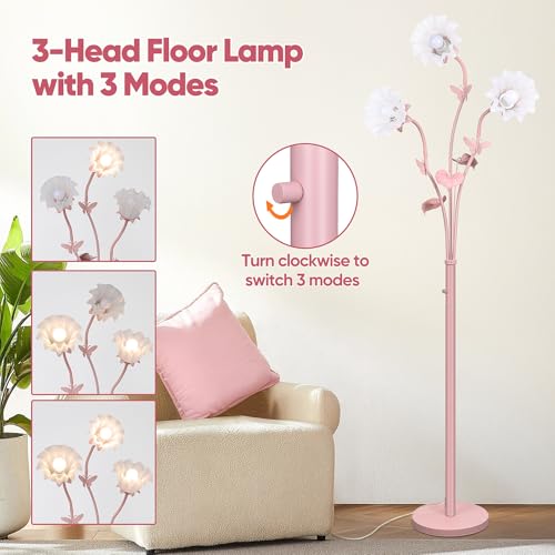 Image of TOBUSA Flower Floor Lamp for Bedroom, 3-Light Vintage Pink Standing Lamp with Flexible Gooseneck, 75'' Tall Retro Floral Stand Up Lamp for Living Room, Modern Unique Cute Flower Corner Lamp for Girl