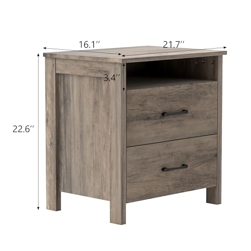 Furnivado Farmhouse Nightstand, Rustic Nightstand with 2 Large Drawers, Wood End Table with Open Shelf, Bedside Table for Bedroom, Light Brown - Thumbnail 2