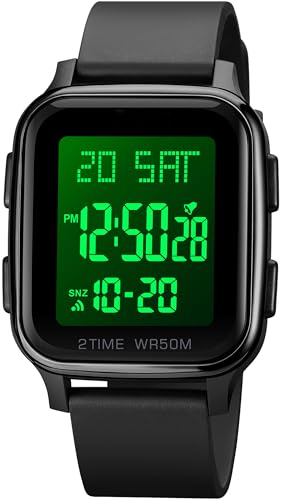 findtime LED Digital Watch Mens Womens Black Rectangle Square Face Big Numbers Dial Unisex Watches Sports Waterproof Dual Time Stopwatch Fashion Simple Wristwatch
