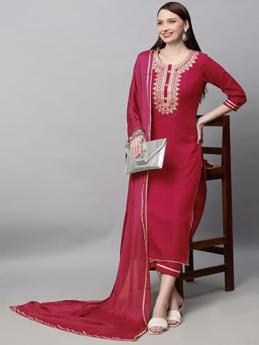 Image of GoSriKi Women's Cotton Blend Straight Embroidered Kurta with Pant & Dupatta Set (Dhati-GS)