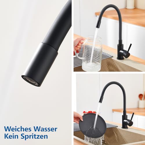 Auralum Niederdruck Armatur Küche Schwarz, Flexibler Wasserhahn Küche 3 Anschlüsse, Küchenarmatur Niederdruck 360° Drehbar, Mischbatterie Küche für Boiler, Spültischarmatur mit Hoher Auslauf