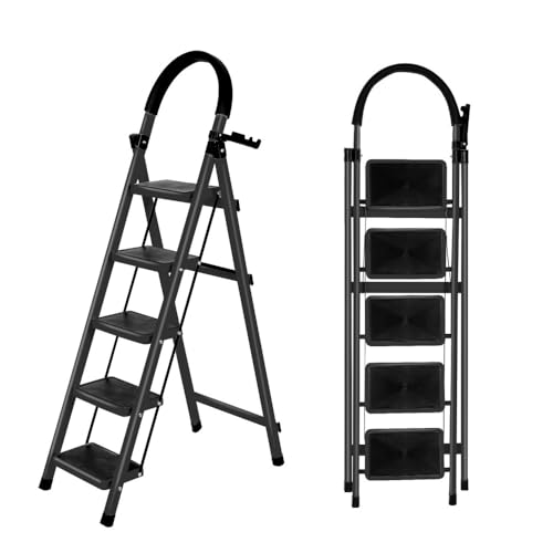OHMG Escabeau 5 Marches avec Plateforme de Travail, Charge 150 kg Escabeau Pliable, Larges Marche Pied Pliable Antidérapantes, Tabouret en Acier Marche Pied Adulte,Charge 180 kg