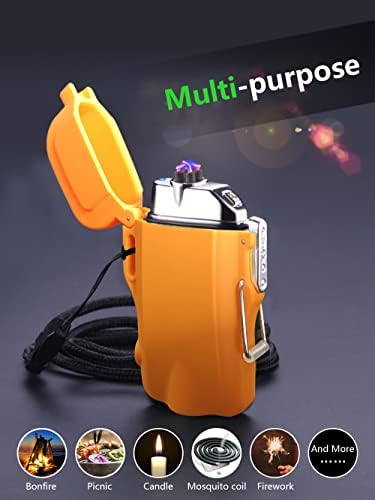 SKRFIRE Windproof Lighter, Waterproof Lighter Dual Arc Lighter Electric Lighter with LED Flashlight, Rechargeable USB Lighter Flameless Plasma Lighter with Lanyard for Camping, Hiking (Orange)