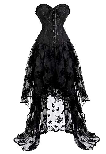 Jutrisujo kleid corsage bustier korsett kleider elegant spitze lang asymmetrisch rock tüllrock viktorianisch Schwarz S