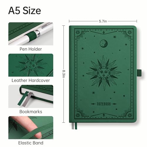 Image of EMSHOI Lined Journal Notebook, 192 Numbered Pages, A5 Size (5.7'' x 8.3'') | Leather Hardcover, 100 GSM Thick Paper, for Women & Men, Journaling, Writing, Work & Office, Sun Debossed (Dark green)