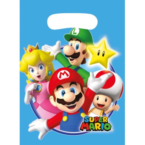 amscan Luigi Bolsas de Fiesta, Super Mario Characters on Blue Background, Color Azul, Talla única (11012018)