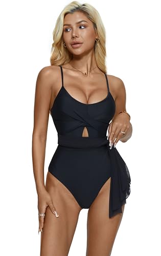 RXRXCOCO Womens Cutout One Piece Swim Dresses Tummy Control Bathing Suit with Skirt Twist Front Mesh Swimsuit4