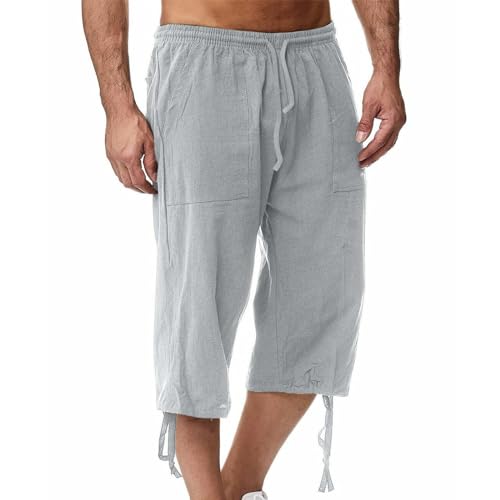 Mens Capri Pants Summer Baggy Casual Linen High Waist Drawstring Harem Pants Lightweight Solid Beach Wide Leg Capris2