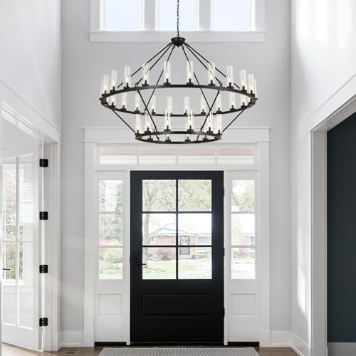 Image of 63 Inch Large Black Wagon Wheel Chandelier with Clear Glass Shade 2 Tier 36-Lights Round Pendant Light Farmhouse Industrial Chandeliers Dining Room Light Fixture for Stair Living Room Foyer