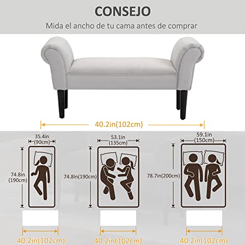 HOMCOM Banco Zapatero Banqueta con Brazos Tapizada Tipo Banco de Madera para Dormitorio Salón Recibidor 102x36x51cm Carga 130kg - imagen 3