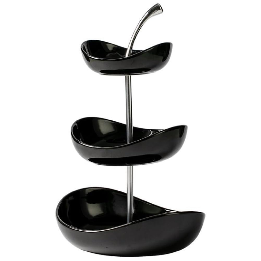 Cestino per Frutta in Ceramica A 3 Livelli Piano Cucina, Portafrutta con Supporto in Metallo,Fruttiera in 3 Ripiani Vassoio da Portata per Cibo, Verdure, Torte E Dessert per Feste,Nero