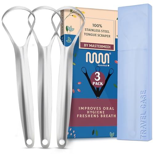 MasterMedi Tongue Scraper for Adults, 100% Stainless Steel Tongue Scrubber for Bad Breath, Easy to Use, Tongue Cleaner for Oral Care & Hygiene (SPTC-1|with Case)