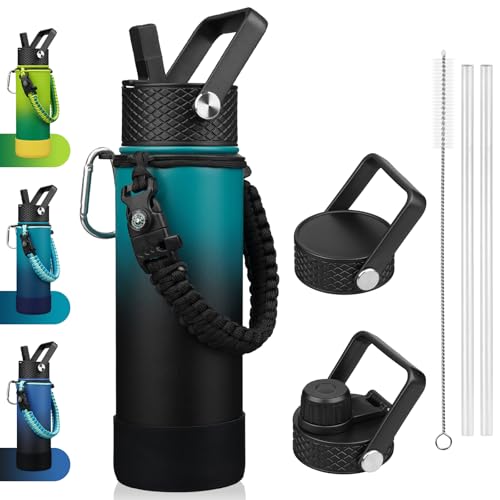 Image of BJPKPK 22oz Insulated Water Bottle with 3 Lids, Straw Lid & Handle