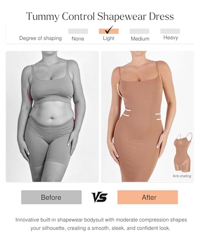 Image of Popilush Womens Summer Shapewear Dress - Bodycon Cocktail Graduation Party Midi Dresses with Built-in Bra