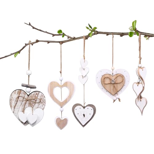 5 Stück Fensterdeko Hängend Holz, Holzdeko Fenster Deko Hängen Herz Deko...