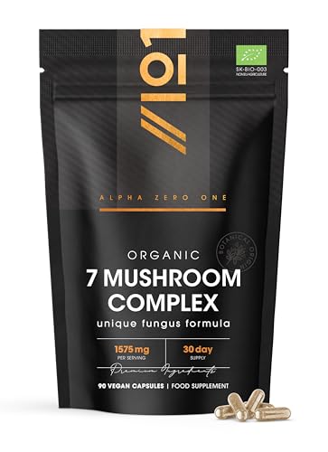 Organic Mushroom Complex 1575mg - 90 Capsules - Reishi, Cordyceps, Lion's Mane, White Fungus, Maitake, Shitake & Chaga (1 Month Supply) by Alpha01