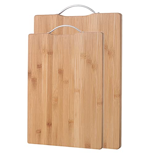 Juego de 2 tablas de cortar de bambú natural con mango, tabla de cortar de bambú antideslizante para utensilios de cocina, color madera