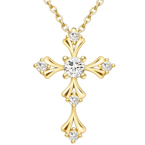 Image of URTHEONE Moissanite Cross Necklace for Women, 925 Sterling Silver 14KGold Plated Necklaces with Sparkling Moissanite Pendant, Faith Women's Jewelry, Trendy Gift for Women Mom Friend