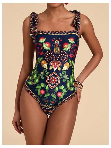 Floerns Women's Tropical Print Tie Shoulder One Piece Swimsuit Tummy Control Swimwear4