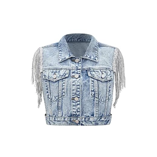 SweatyRocks Women's Fringe Button Down Crop Denim Jacket Sleeveless Collared Jean Coats Light Wash S