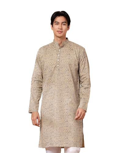 Image of Majestic Man Men's Cotton Regular Fit Casual Mandarin Collar Ethnic Motifs Printed Long Regular Kurta