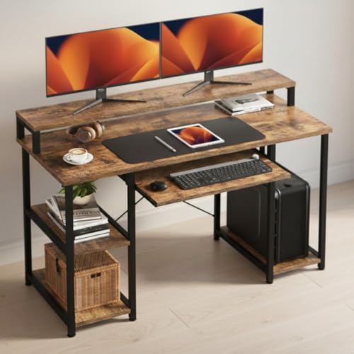 Image of TEKAVO Trio Computer Table for Home Pc | Office Table for Home with Monitor Riser and Keyboard Tray, Laptop Table, Work Table, Study Table, Modern Workstation | Coach Wood, Metal,(120x60x 75 cm)