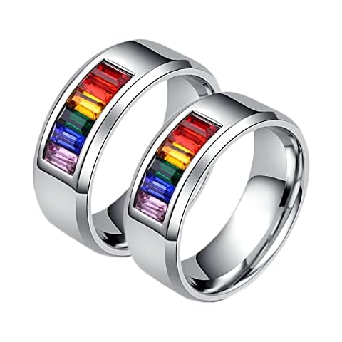 ANAZOZ His and Hers Wedding Bands, 8MM Cubic Zirconia Lgbt Titanium Wedding Bands Sets for Him and Her Sold Together, Women Size 7 + Men Size 9 Cover