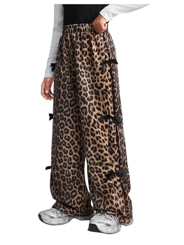 WDIRARA Girl's Bow Side Waist Track Pants Cute Wide Leg Trousers Black Coffee Brown 8Y