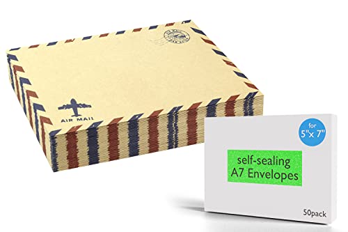 BeeChamp 50pcs A7 Self-Sealing Gummed Vintage Airmail Style Invitation Envelopes, Brown Kraft