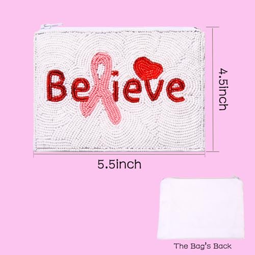 Image of Breast Cancer Awareness Beaded Coin Bag White Pink Believe Ribbon Cure Coin Purse Small Wallets Bead Clutch (Ribbon Believe)