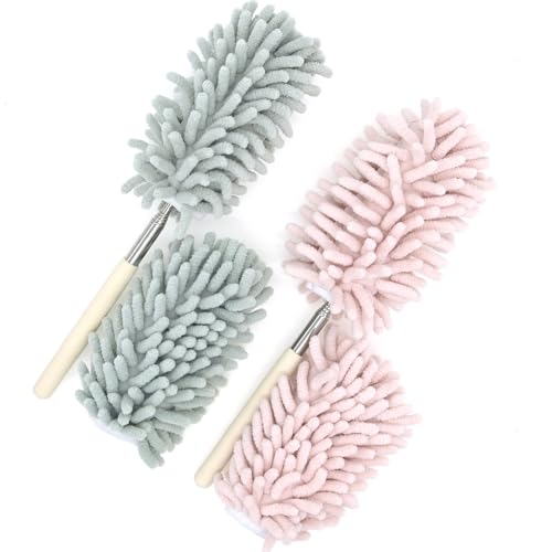Image of Selric Pack of 2 Microfiber Chenile Duster with 2 Extra Heads for Cleaning Extendable Hand Dusters with Bendable Head (Green and Pink)