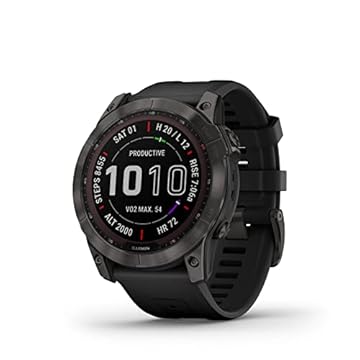 Garmin 010-02541-10 Fenix 7X Sapphire, smartwatch de aventura maior, recursos de carregamento solar, relógio GPS externo robusto, tela sensível ao toque, recursos de bem-estar, titânio DLC cinza carbono com pulseira preta
