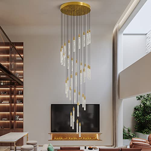 Image of 36-Light Modern Living Room Chandelier Gold Brass Finish Crystal Ceiling Pendant Lights LED Dimmable 216W 6000K Staircase Large Chandeliers for Entryway Lobby Foyer High Ceiling Chandeliers