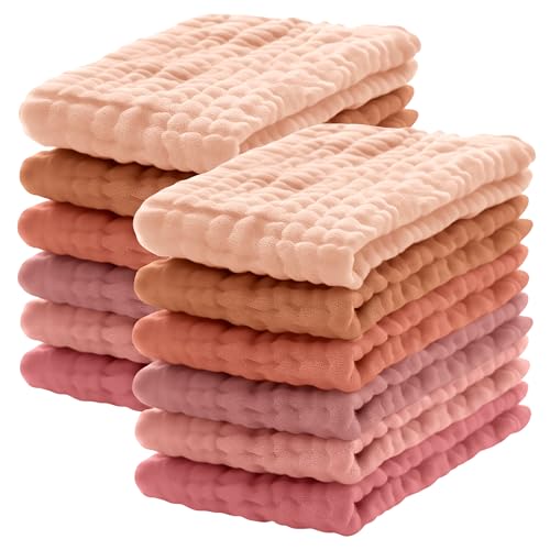 Image of Lovely Care 12 Pack Muslin Burp Cloths 100% Cotton Muslin Cloths Large 20''x10'' Extra Soft and Absorbent Baby Burping Cloth - Warm Clay