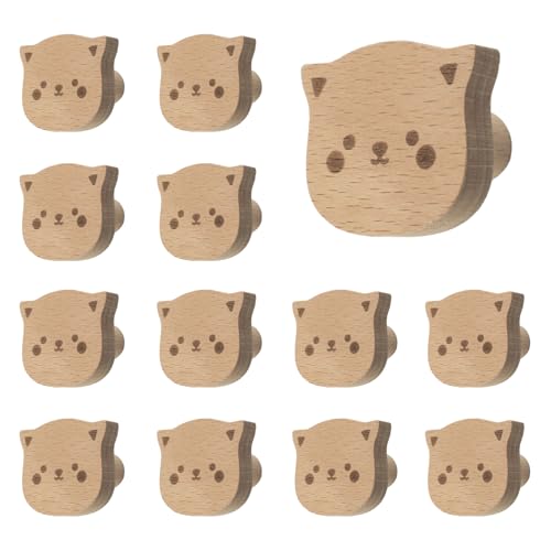 MOROBOR 12PCS Cat Shaped Wooden Knobs Single Hole Beech Wood Handles Wood Cupboard Cabinet Handle for Chest of Drawers with Stickers