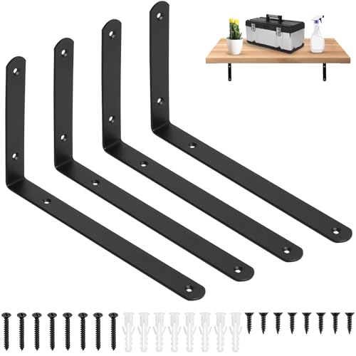 4 Pcs Equerre Etagere Murale noirs, Equerre Charge Lourde, Supports en L, Équerre Étagère de Fixation Invisible, Supports d'Étagère Murale Metal Industrielle pour Étagère Bois, 250 x 146 x 24 mm