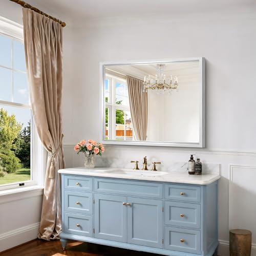 Image of 36x30 Silver Bathroom Mirror, Brushed Silver Rectangular Mirror for Wall, 0.6 inch Thickened Deep Frame Mirrors for Bathroom Sink, Shatterproof Tempered Glass, Antirust, Horizontally or Vertically