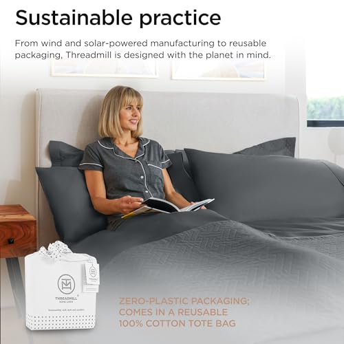 Image of Threadmill 100% Cotton Sheets for Full Size Bed - 600 Thread Count Full Bed Sheets Set with 16 inch Deep Pocket - Sateen Weave 4-Piece Bedding Set with Cooling Effect, Dark Grey