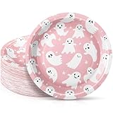 FillTouch Paquete de 100 platos de papel de Halloween de 7 pulgadas, platos de postre de pastel de fantasma rosa, desechables, lindos dibujos animados, fantasma, vajilla decorativa para Halloween