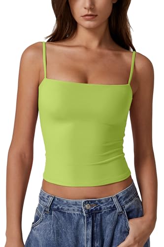 QINSEN Women's Double Lined Basic Tank Top Adjustable Spaghetti Straps Sleeveless Camisole Shirts Wild Lime XS