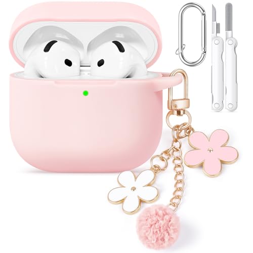 Wowwat for AirPods 4 Case Cover, Soft Pink Silicone Protective Shell Compatible with Apple AirPods 4th Generation Case for Women Girly, iPod 4 Case with Flower Chain,Keychain and Cleaner Kit - Pink