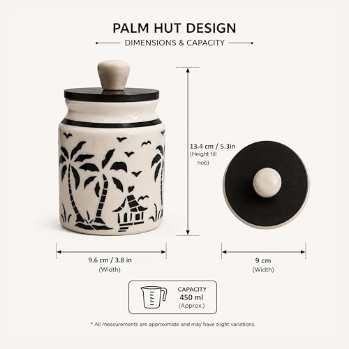 Image of Ceramic Kitchen Jars for Storage | Air Tight Containers with Wooden Lids | Masala, Salt, Pickle, Dry Fruits & Multi Utility Items Organiser Set (Hand-Painted, Black Hut, 450 ML, Pack of 1)