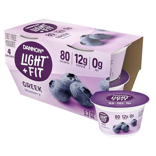 Dannon Light + Fit Greek Blueberry Fat Free Yogurt, Creamy and Delicious Gluten Free Yogurt, 4 Ct, 5.3 OZ Yogurt Cups