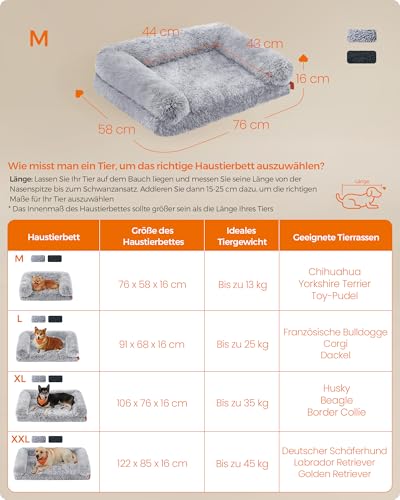 Feandrea FluffyHug Hundebett, Hundekissen Größe M, Hundematte für Miniaturhunde, kleine Hunde, Hundesofa Noppenschaumstoff, Bezug abnehmbar und waschbar, 76 x 58 x 16 cm, Ombré-Grau PGW231G01V1