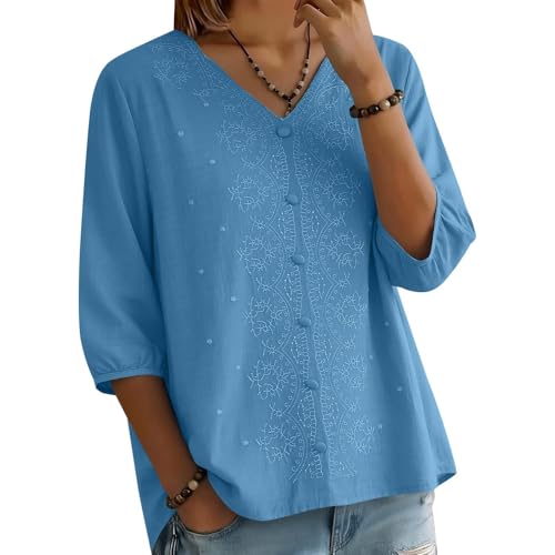 Blouse femme en coton lin brodé col en V coupe ample style bohème