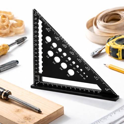 Aluminium Carpenters Speed Square Metric 180 mm Triangle Ruler with Angle Markings and Drill Gauge Holes Precision Right Angle Measuring Tool for Woodworking DIY and Construction Use