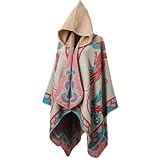 Vuogli フード付きケープ ヴィンテージ 民族風 ケープ ショール フェニックス柄 ポンチョ コート 暖かい 防寒 女性用（茶色）
