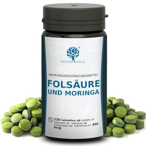 RedMoringa® - Folsäure Supplement | 230 vegane Tabletten mit 400 mcg Folat und Bio-Moringa | Vitamin B9 für die Schwangerschaft | Folic Acid | Glutenfrei | Made in Italy