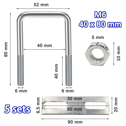 duoyif U Bolt M6 40 x 80 mm Pack of 5 U Bolts Square, U-Bolt M6 U Shackle, U Screws M6 Stainless Steel with Nut Frame Plate - Image 3